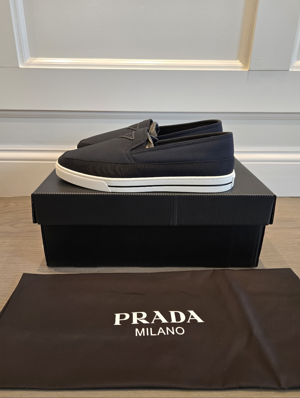$1,020 PRADA Triangle Logo Slip-On Nylon Blue Sneakers UK 7 US 8 EU 41 BNIB - Picture 5 of 9